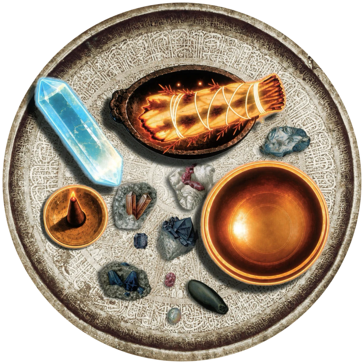 Ritual tray with crystals, sage, incense, and singing bowl